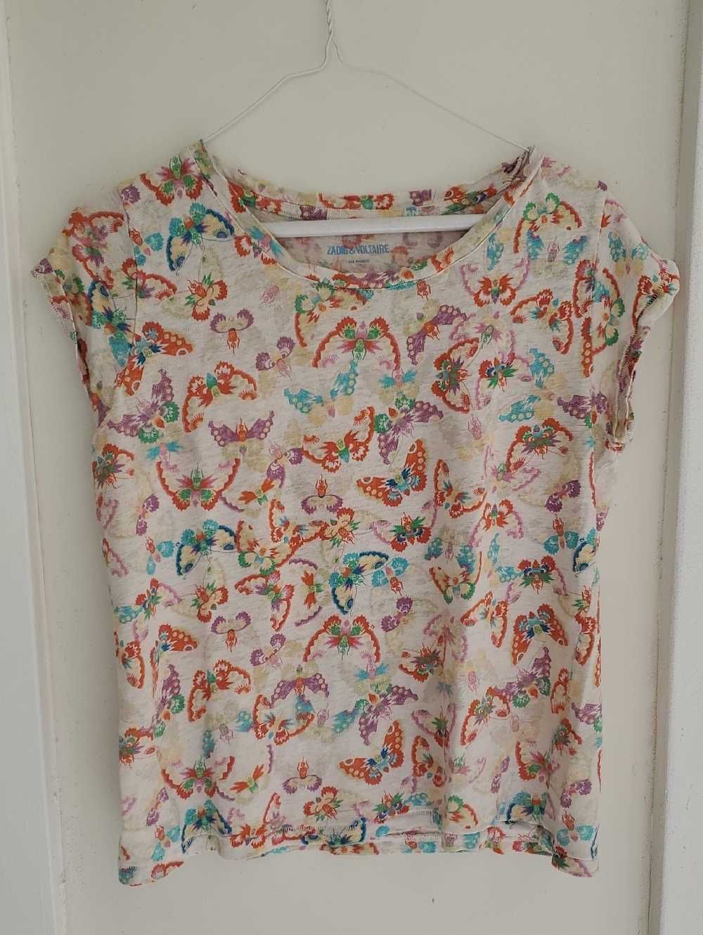 Zadig & Voltaire Cream Tee with Multicolor Butterfly & Floral Print